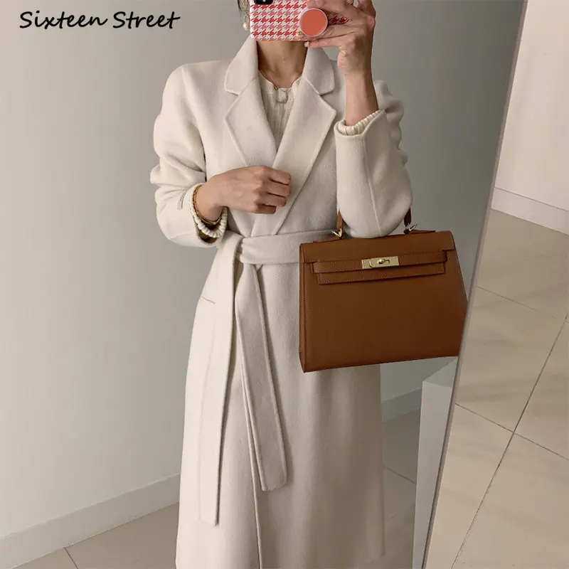 

Chic Woolen Coat for Women 2023 Winter Lace-up Coffee Long Blend Jacket Ladies Autumn Thicken Elegant Turn-down Collar Outfit