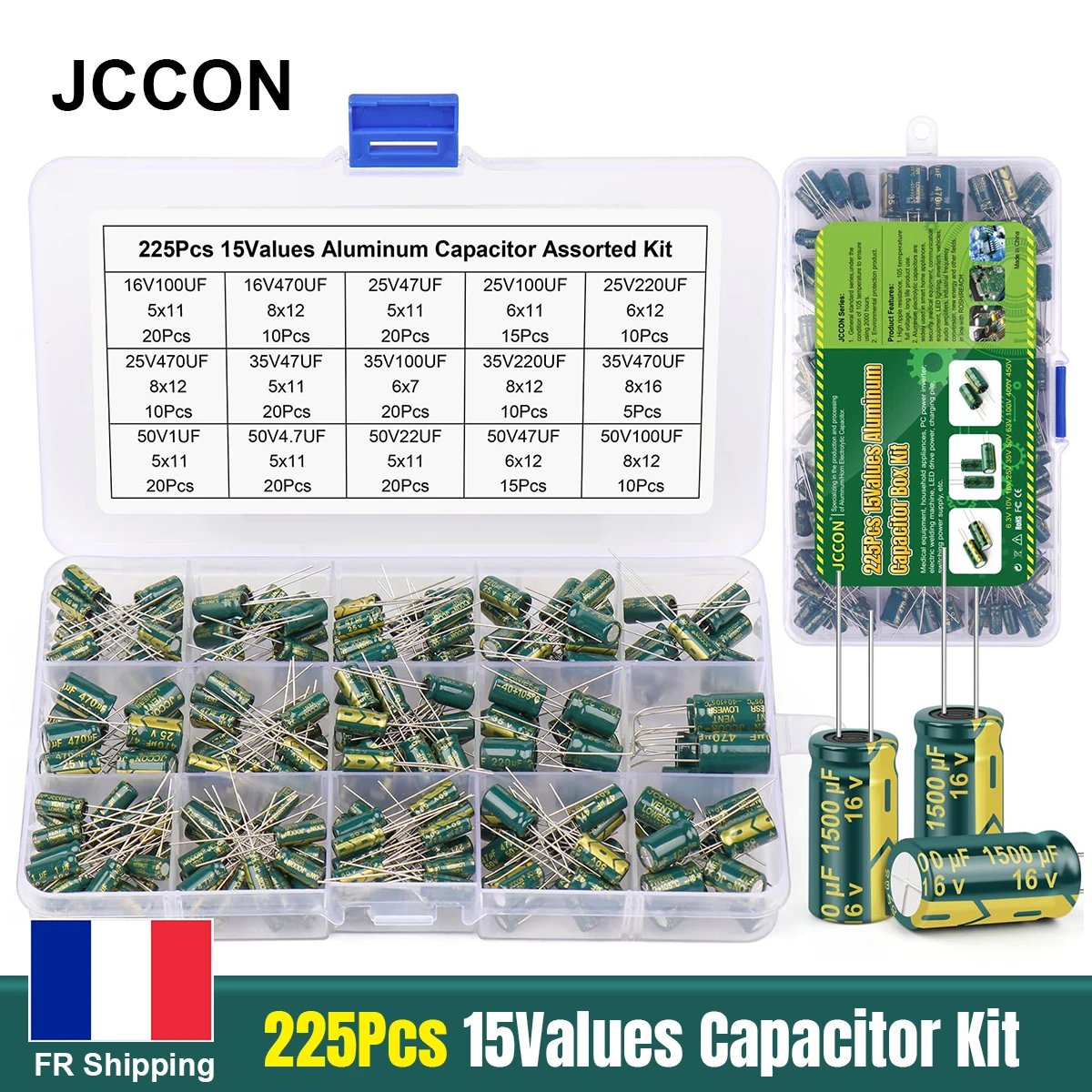 225Pcs/Box Capacitor Kit JCCON Aluminum Electrolytic Capacitors Set 15Values 16V-50V 1uF-470uF Assorted Kit Storage Low ESR