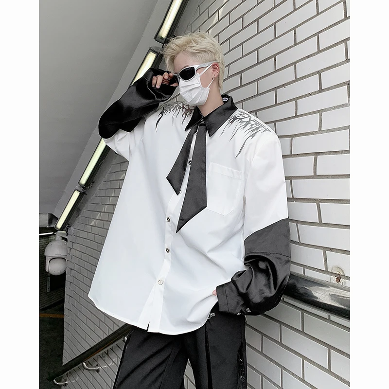 

Spring Autumn Puffy Shuai Bow Tie Flame Silver Three-dimensional Print Patchwork Long Sleeve Shoulder Pad Fashion Shirts For Men