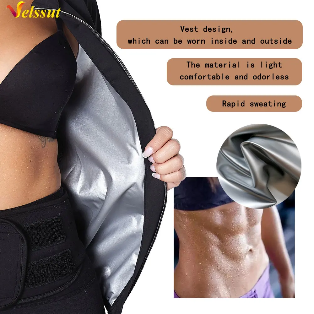 Velssut Sauna Jacket for Women Weight Loss Top Hot Sweat Sportwear Slimming Body Shaper Fitness Fat Burner Zipper Workout Gym