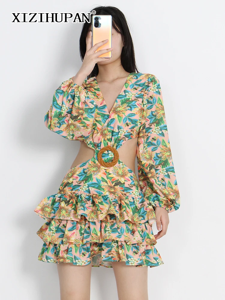 

XIZIHUPAN Vintage Spring Fashion Dress 2022 For Women V Neck Loose Long Sleeve Cut Out High Waist Colorblock Dresses Female New