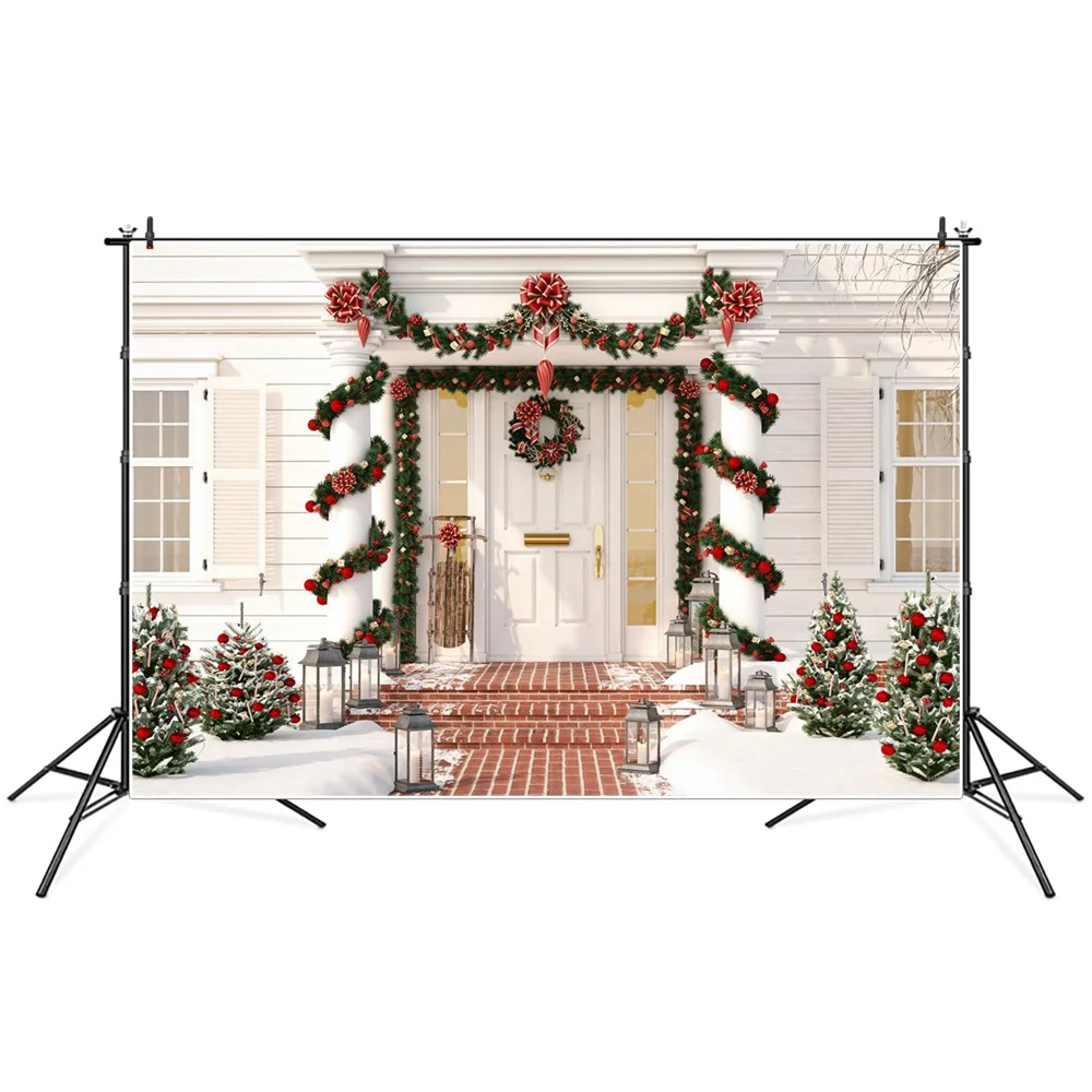 

Christmas Trees Snow House Porch Garland Door Scene Photography Backgrounds Custom Baby Party Decoration Photo Booth Backdrops