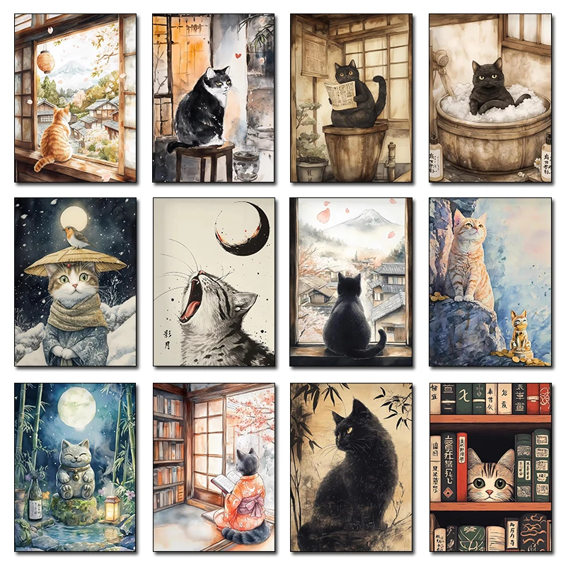 Фото Японский Черный Кот Купающая Луна Lucky Cat Мультяшная Иллюстрация Ретро Плакат Холст Картины Настенные Художественные Фотографии Домашний Декор Подарки №1