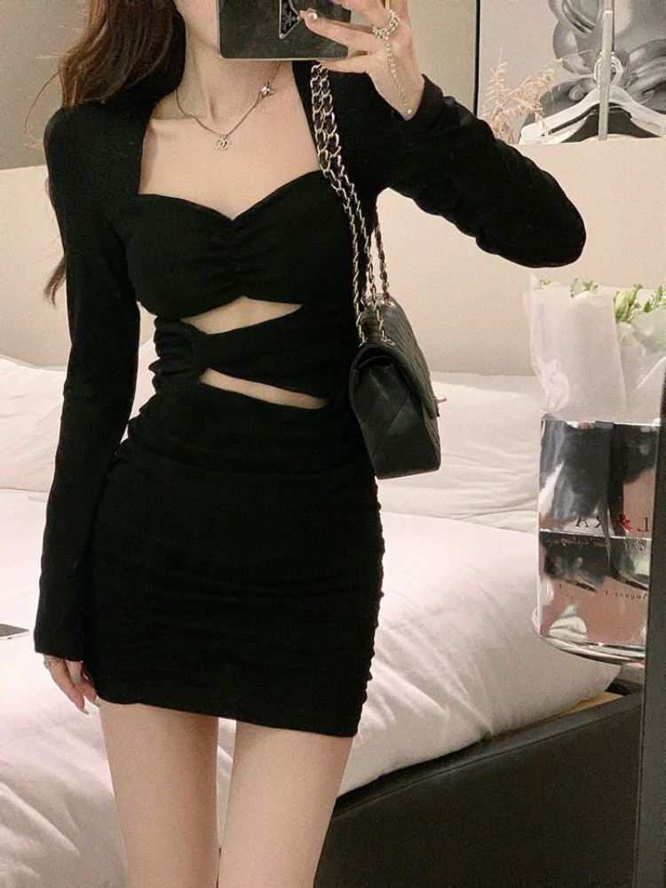 

QWEEK Sexy Balck Bodycon Dress 2022 Office Ladies Wrap Slim Party Short Dresses Fashion Eleganr Vintage Y2k Outfits