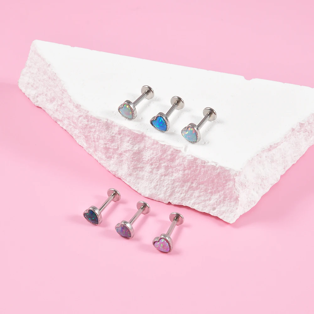 6Pcs Surgical Steel Heart Shape Opal Labret Lip Stud Ear Cartilage Daith Earrings Tragus 16G Helix Lobe Piercing Jewelry Set