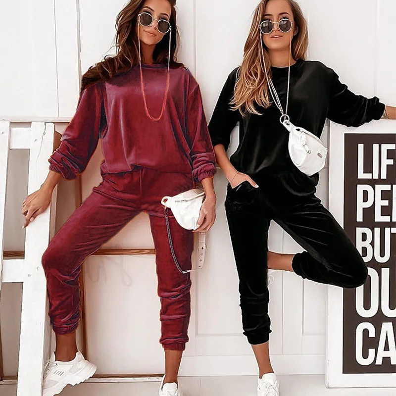 Casual Velvet Two Piece Sets Womens Outfits Fashion Round Neck Matching Set Warm Spring Suits Solid Jogging Femme Streewear
