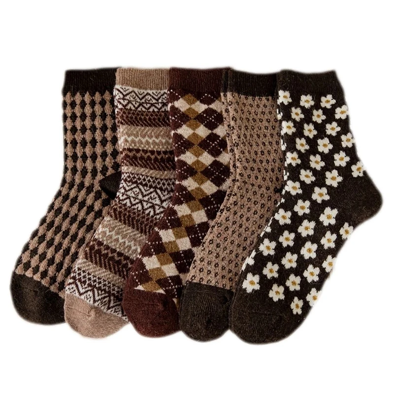 5 Pairs High Quality Leopard Print Wool Socks Women Fashion Stripe Thicken Keep Warm Long Winter Socks Street Fever Calze Donna