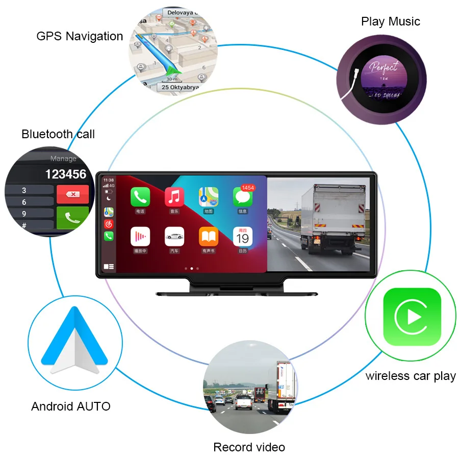 10 26 &quotApple Carplay Wireless Bluetooth Android Auto WiFi Автомобильный видеорегистратор с двумя