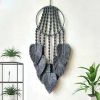 Feather Leaf Macrame Hoop for Wall Art Hanging Bedroom Home Decoration Ornament Craft Gift Handmade Woven Tapestry
