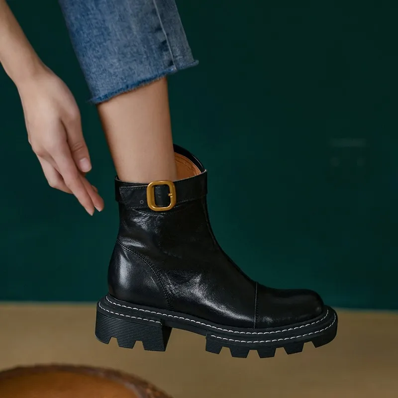 Cowhide Thick Heels Ladies Shoes With Buckle Ankle Boots Side Zippers Women Winter Boots Round Toe Autumn Spring Short Boots