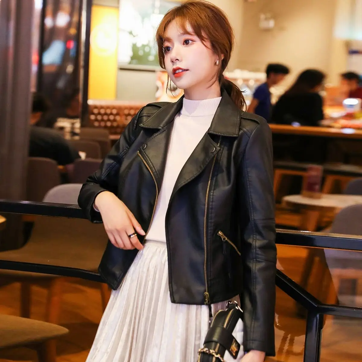 women's short leather jacket fashion PU Motorcycle suit women's slim-fit leather jacket Korean version of women's zipper jacket
