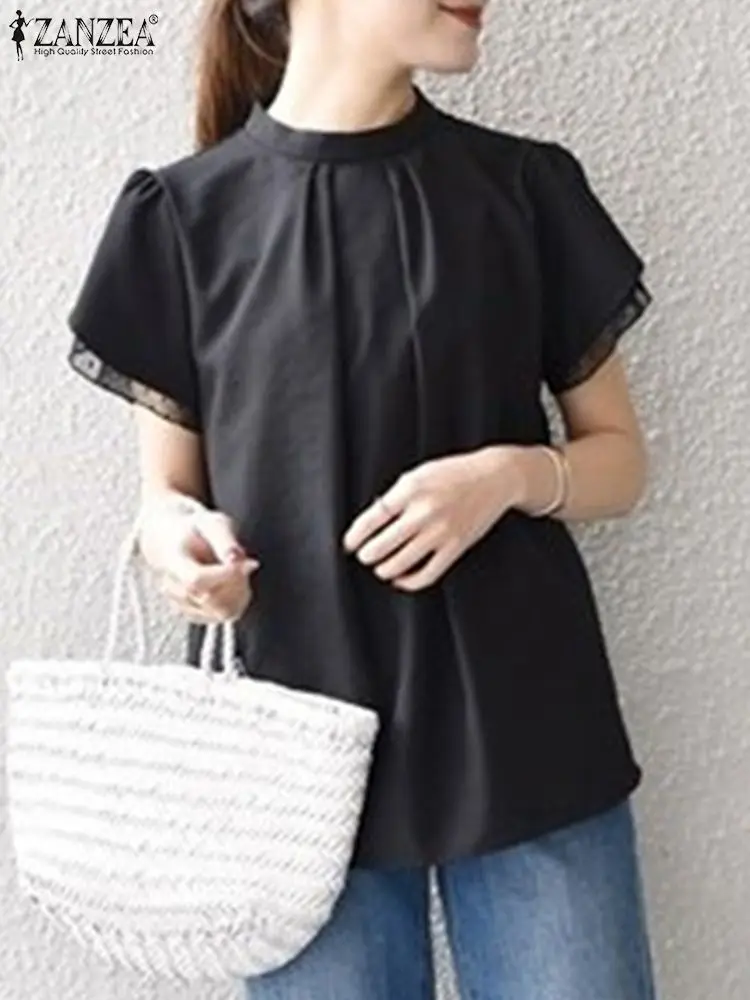 

ZANZEA Holiday Women Pleating Chemise Elegant Stand Collar Shirts Fashion Mesh Stitching Short Sleeve Tops Office Lady Blouses