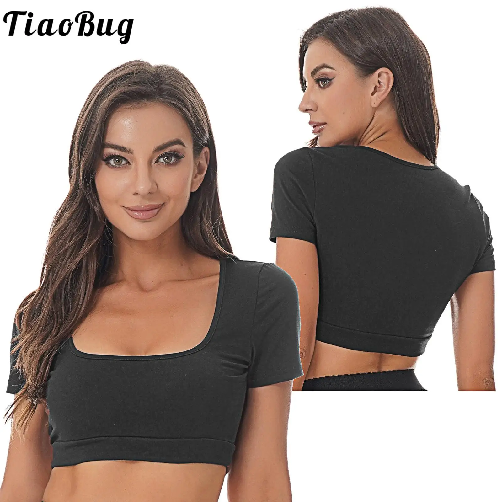 

Женские Модные дышащие суперкороткие Топы Tiaobug с квадратным вырезом, повседневные однотонные облегающие хлопковые футболки с коротким рук...