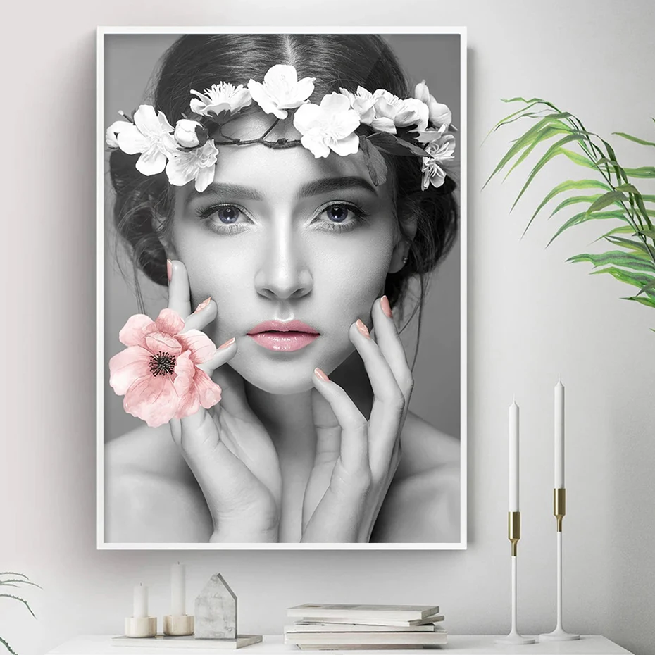 

Modern Pretty Girl Seductive Pink Lips Painting On The Wall Art Posters Printed On Canvas Lovely Flower Prints for Living Room