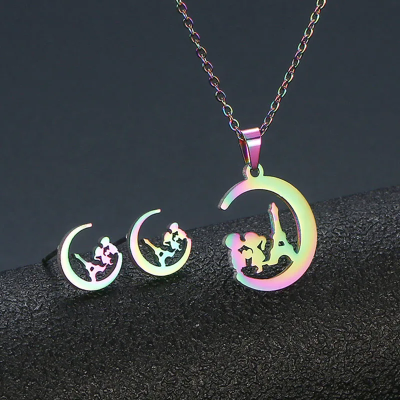 

KIOOZOL 2022 new fashion rainbow color stainless steel necklace earring set with bow heart tree shaped female jewelry KO2