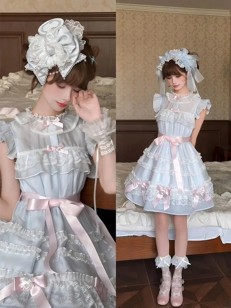 Фото COALFELL Blue sweet girl date outfit - редкое платье в полоску для весенне-летнего сезона в стиле Лолита №1