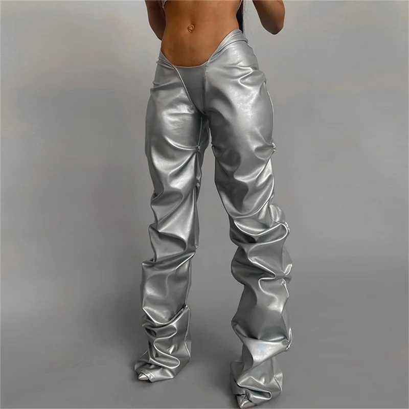 

Folds Shiny Solid Faux PU Leather Pants Women Hipster High Street Irregular Shape Clothing Low Waist Female Streetwear Stacked