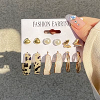 creative resin earrings pearl heart pendant earring for women set butterfly drop oil leopard print 6 piece set free shipping