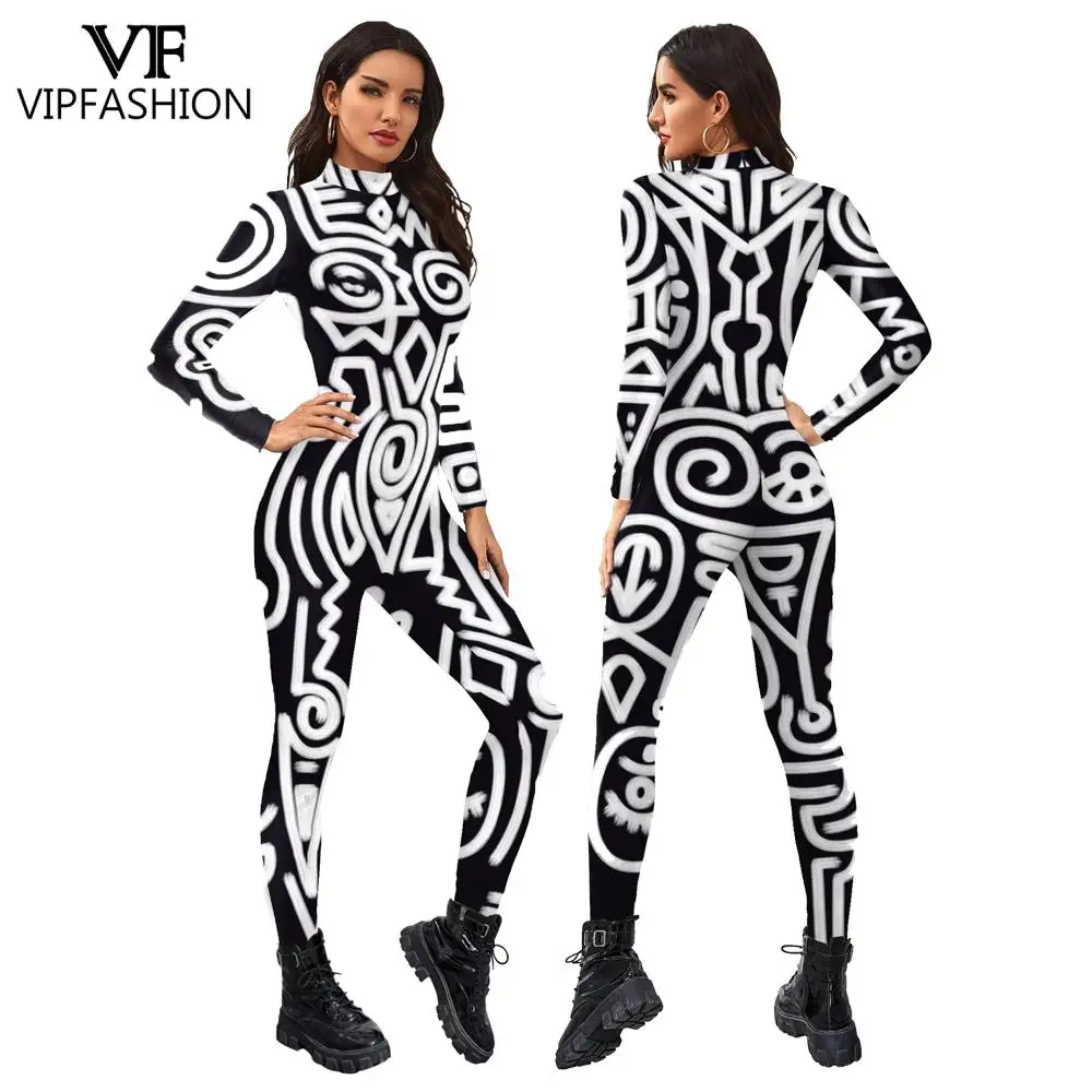 

VIP FASHION Adult Women Geometric Printing Long Sleeve Cosplay Costume Jumpsuit Spandex Halloween Purim Catsuit Plus Size