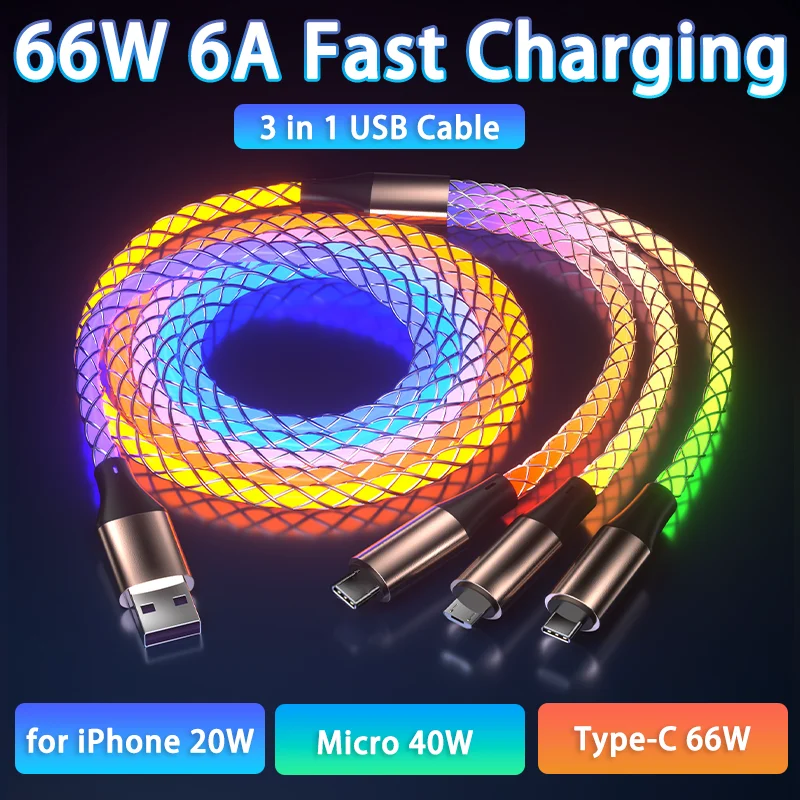 

3 in 1 RGB 66W 6A Fast Charging Type C Cable Micro USB Colorful Streamer Glowing Line For iPhone Huawei Xiaomi Charger USB Cable