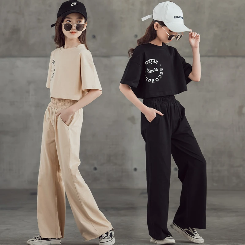 

Summer Girls Clothes Sets Casual Letter T-shirt High Waist Wide Leg Pants 2 pcs Youth Kids Tracksuit Toddlers Children Outfits