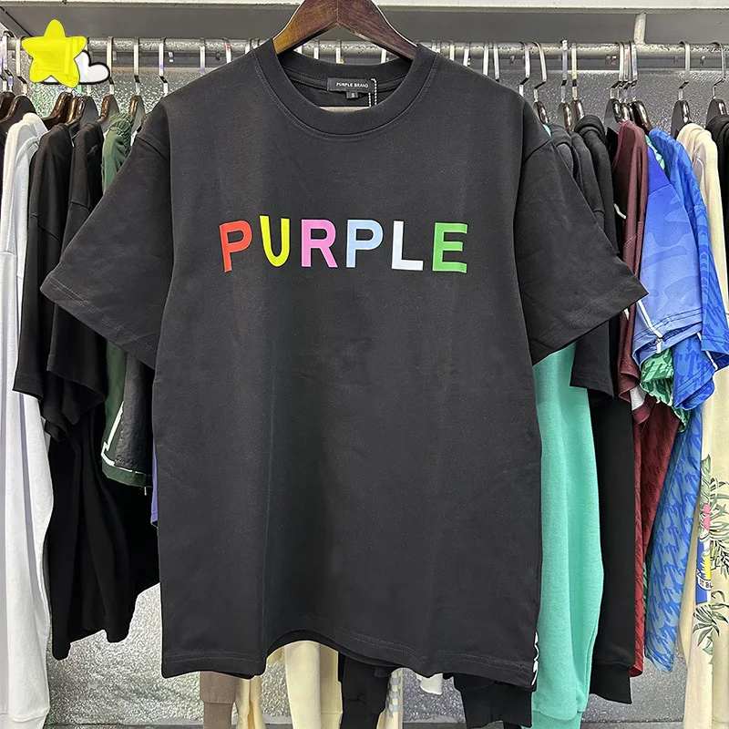 

Men Women Casual Oversized 100% Cotton Tee Top High Quality Classic Colorful Letters Logo Printing PURPLE T-Shirt With Tag