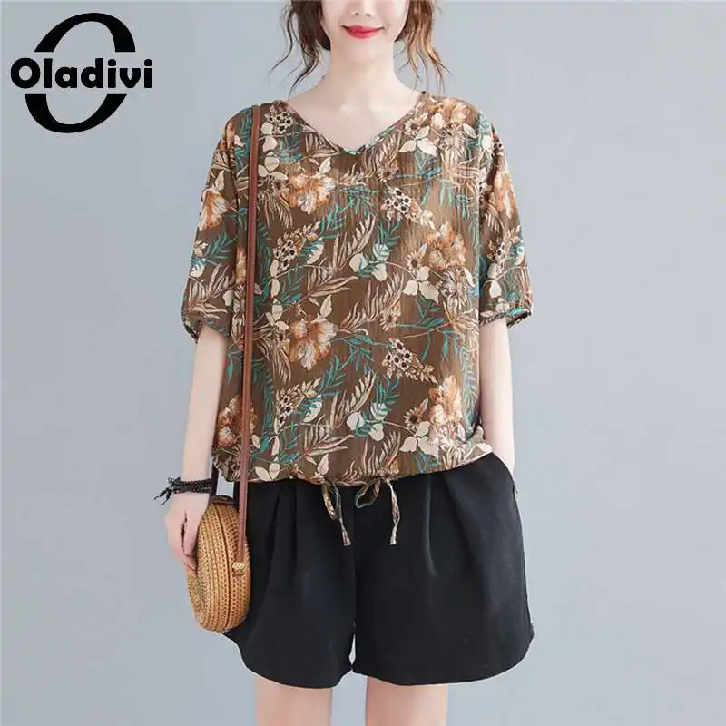 

Блузка Oladivi женская с коротким рукавом, модная рубашка из хлопка и льна с принтом, топ, Свободная Повседневная Туника, большие размеры 4XL, на л...