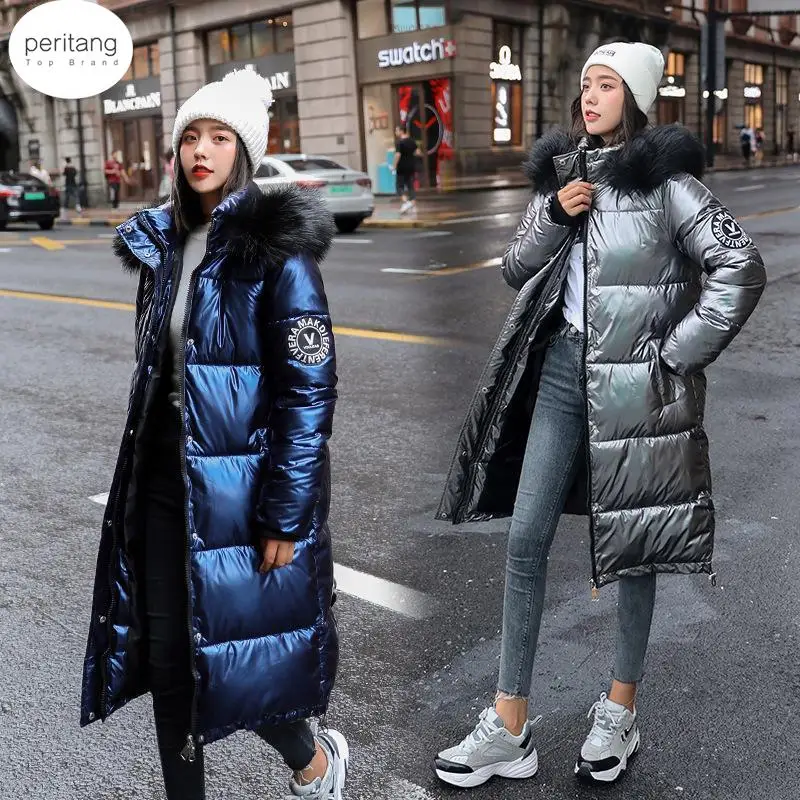 

Women X-long Oversize Blue Down Jackets Thick Casual with Fur Epaulet 2023 Winter Female Down Coats Hooded Solid Piumini Donna