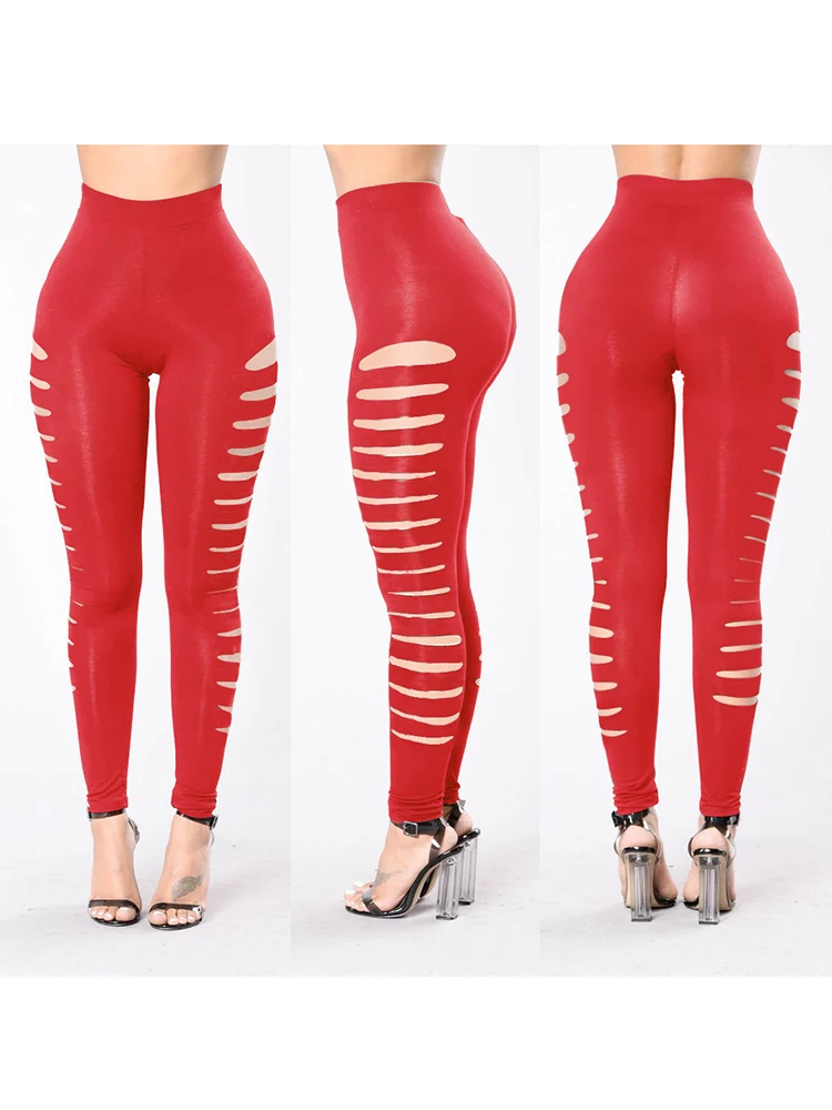 Hole Design Sexy Leggings Summer Hollow Out Ripped Pencil Pants Women Trousers Fashion High Waist Stretch Dancing Club Street images - 6