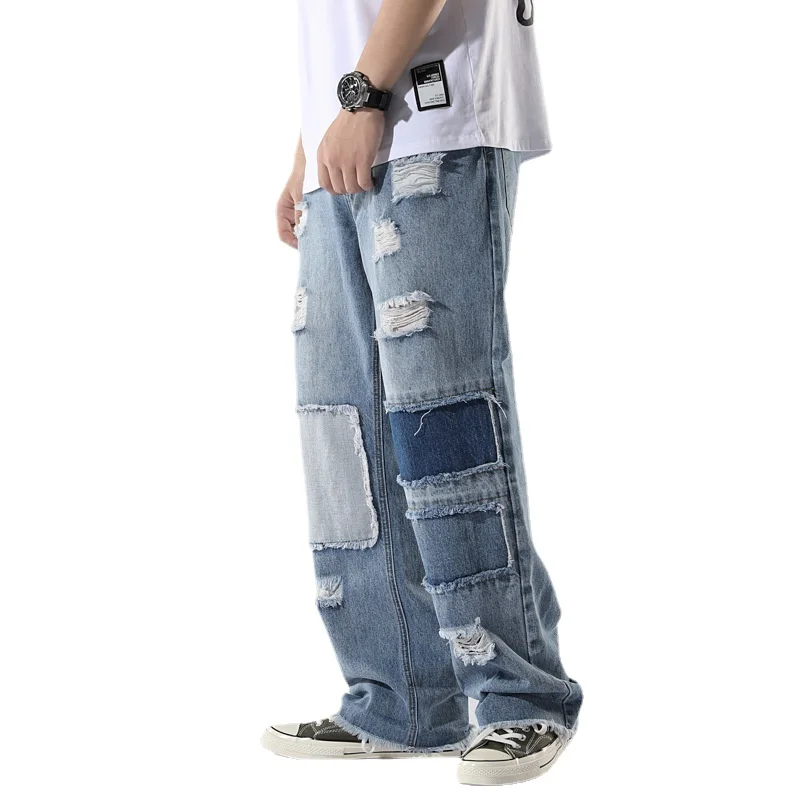 Men's Jeans Holes Loose Straight Old Patch Beggars Pants Hip Hop Trousers Full Length Denim Pants Streetwear Men