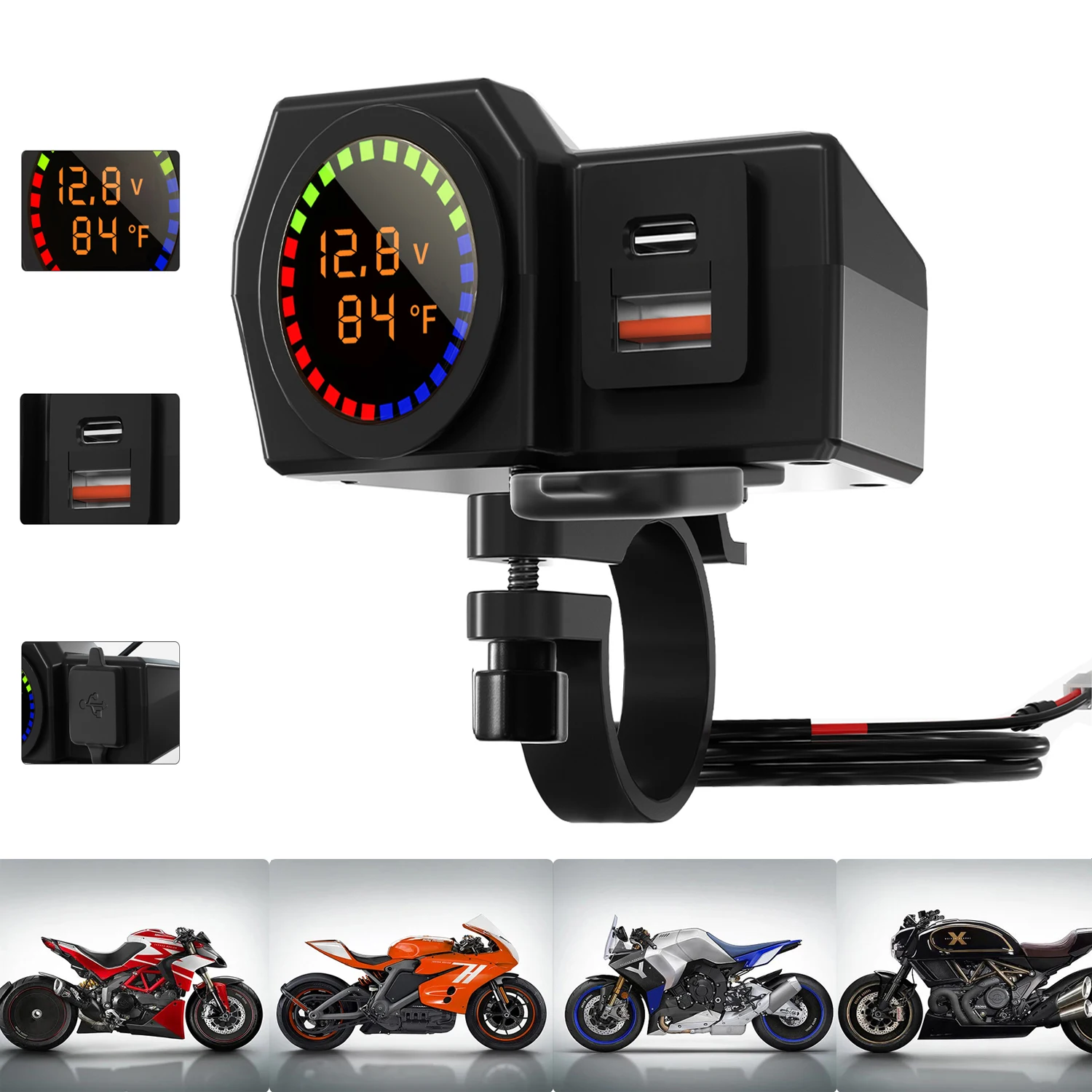 

Motorcycle Usb Temperature Voltmeter Fast Charger With Switch Waterproof Cellular Type C Socket Mobile Phone Power Outlet Bike