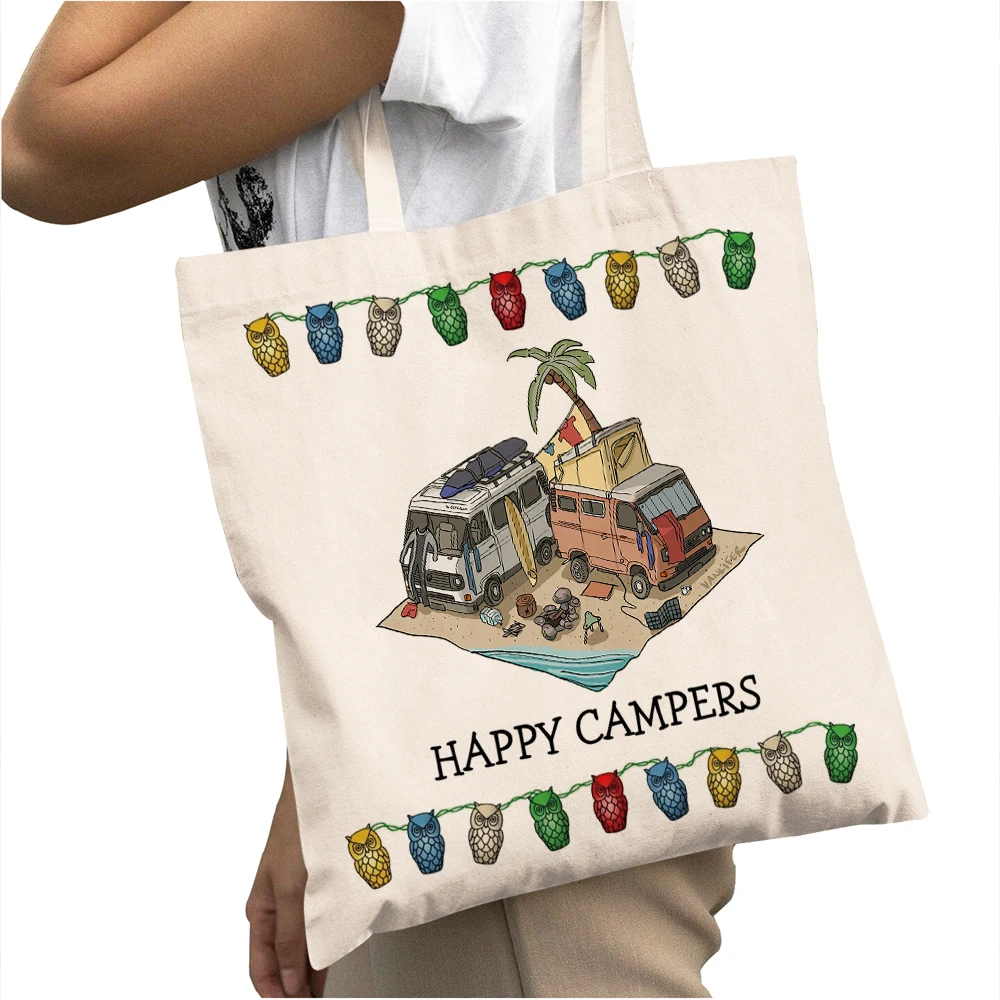 

Счастливая Живая фургон, дневная рабочая сумка, повседневная мультяшная дорожная сумка для дома, Женская Холщовая Сумка для покупок с больш...