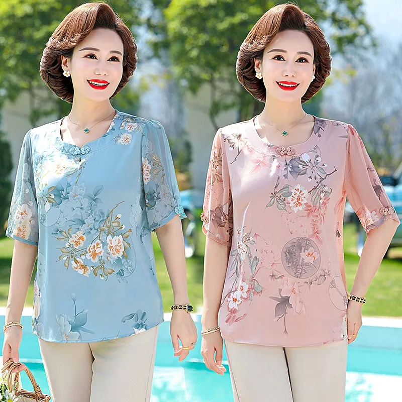 

Women's Casual Print Simple Loose TShirts Round Neck Button Shirt Summer Short sleeve Elegant Chiffon Fashion Women Blouses Tops
