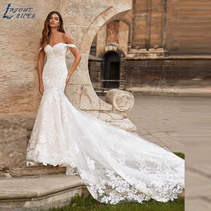 

LAYOUT NICEB Luxury Mermaid Wedding Dresses Lace Applique Off Shoulder Open Back Bridal Gowns Sweetheart Tulle Vestidos De Novia