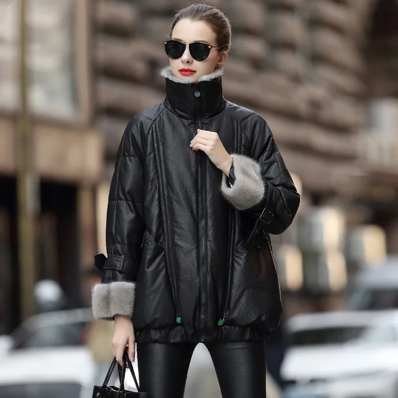Leather Down Jacket Women's Winter Genuine Leather Coat Stand Collar Retro Embossed Sheepskin Mink Fur Leisure Loose Down Coat