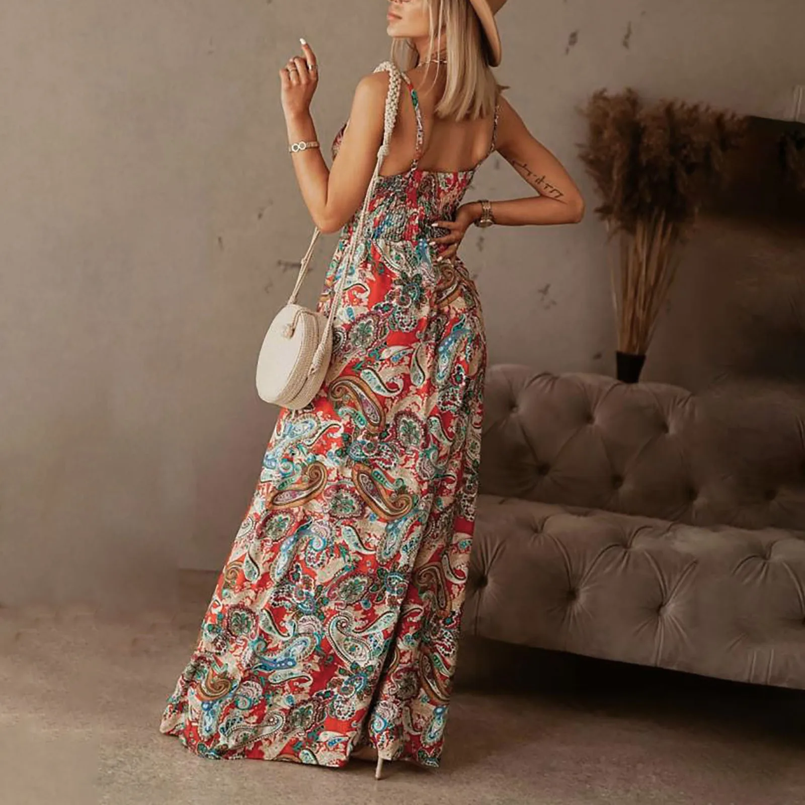 

Women's Summer Dress Floral Spaghetti Strap Sleeveless V Neck Casual Womens Strapless Ruched Casual Maxi Dress with Pockets