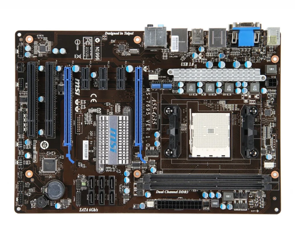 Материнская плата MSI A55-G35 Использует чипсет AMD A55 разъем FM1 слот DDR3 2 × PCI-E X16 6 SATA II 10