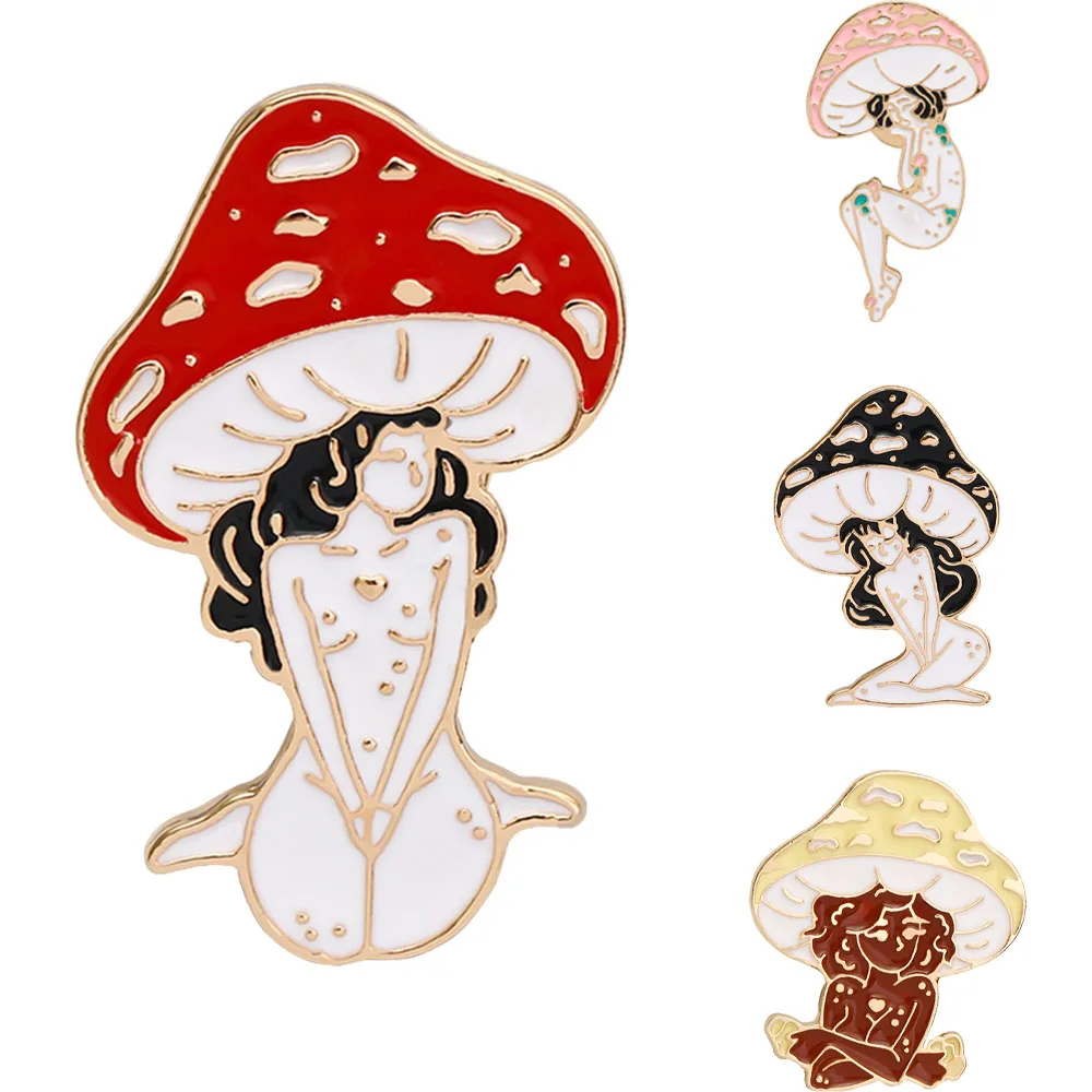 

Cartoon Mushroom Girl Pin Enamel Black Curly Hair Beautiful Women Brooch Accessories Badge Briefcase Jewelry Gift For Friends