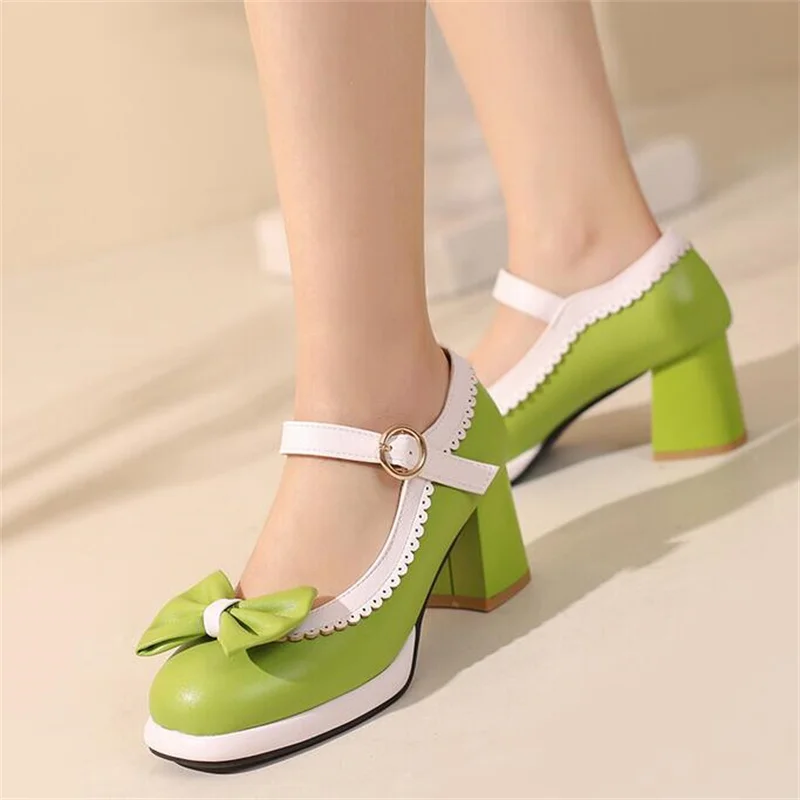 Square Toe Elegant Mary Janes High Heels Women Pumps Bow Buckle Designer Shallow Office Lady Lolita Shoes zapatillas mujer