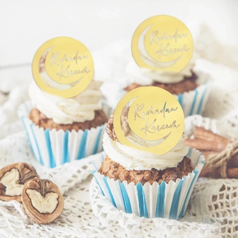 

5 Pcs Eid Mubarak Acrylic Cupcake Topper Gold Ramadan Kareem Cake Topper Islamic Muslim Festival Cake Diy Decorations