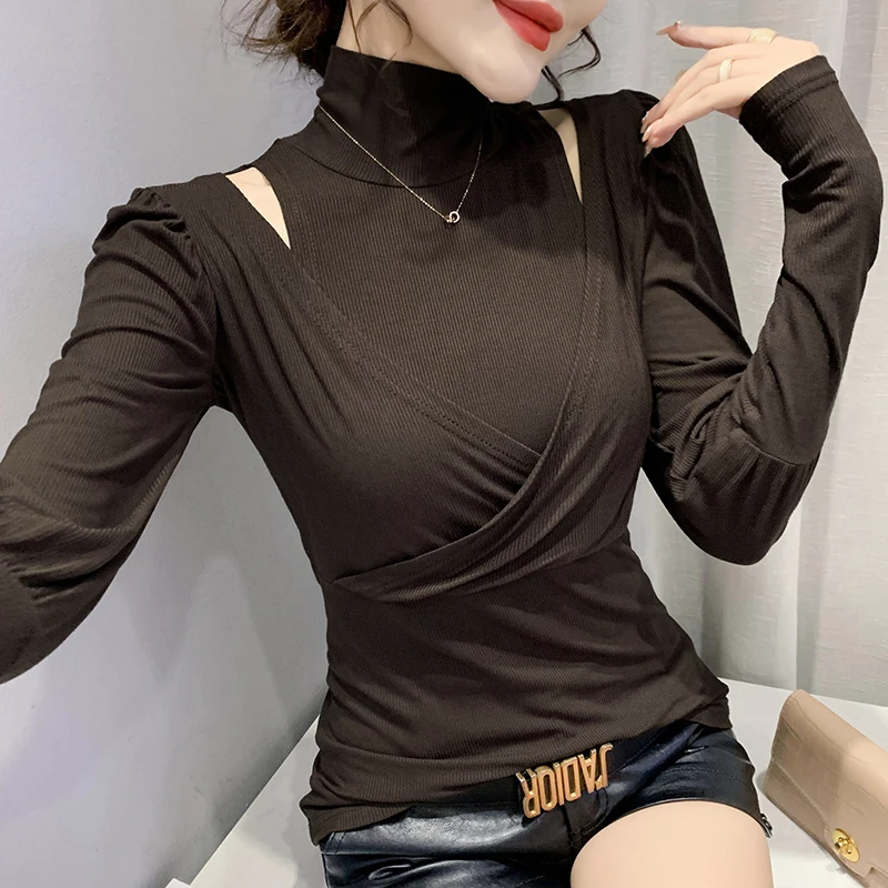 

Autumn Winter Women Solid Color Cross Turtleneck Long Sleeve Tops Hollow Out Strapless Slim Fit T-shirts Tight Sexy Bottoms