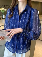 double layer lined women chiffon blouses turn down collar female shirts branch embroidery ladies tops high street clothes 2021