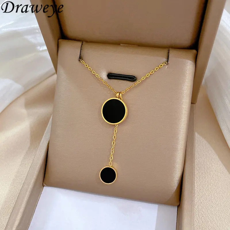 

Draweye Simple Jewelry for Women Round Black Vintage Elegant Korean Fashion Pendant Necklaces Colorfast Girls Gift Chokers