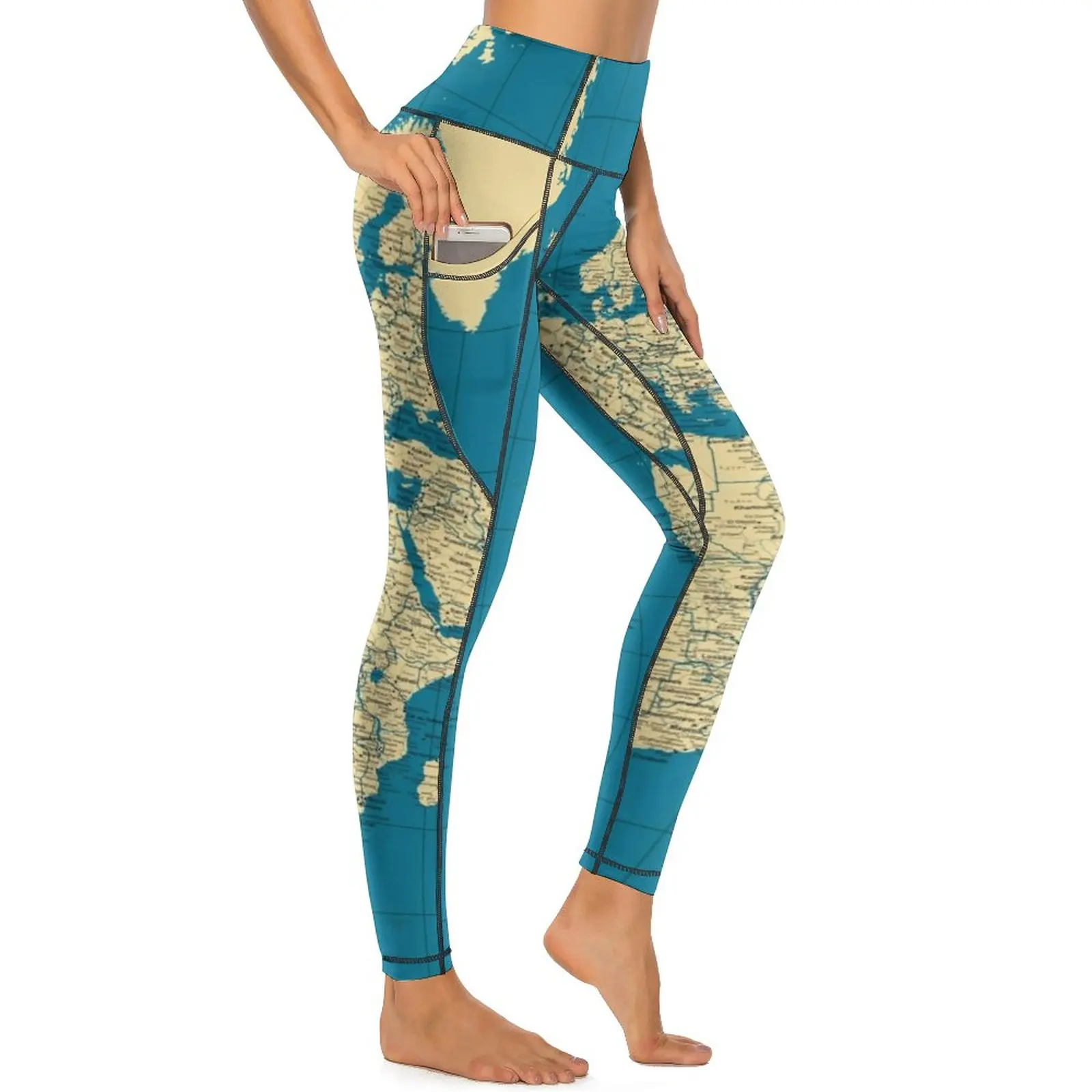 

Vintage World Map Quality Yoga Pants Lady Countries Cities Roads Leggings Sexy Novelty Yoga Sport Legging Elastic Gym Leggins