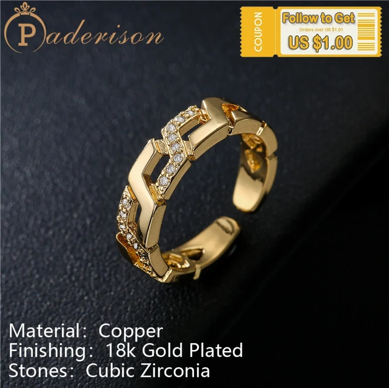 

Hip Hop Hollow Simple Chain Opening Ring Unisex Men Women Punk Zircon Golden Geometric Adjustable Ring Copper 18k Gold-plated