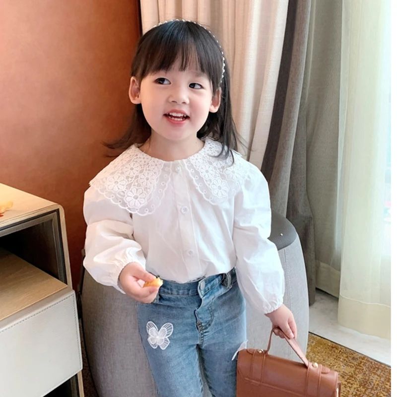 

Spring Summer Children Lace Lapel Collar Blouse Long Sleeve Chiffon Cute Toddler Baby Comfortable White Shirt Children's Clothes