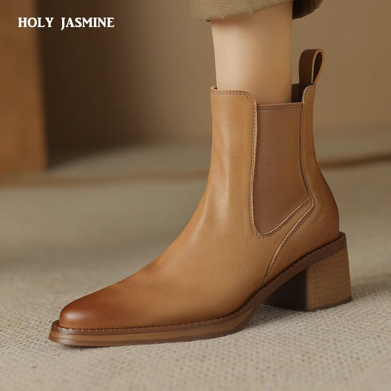 

Vintage Women Genuine Leather Ankle Boots Thick Heels Pointed Toe Shoes Woman Retro Chelsea Short Boots Office Lady 2023 New