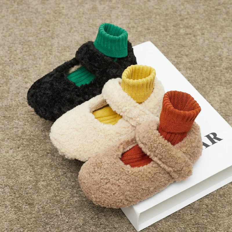 

Детская зимняя обувь, пушистые теплые туфли трех цветов на липучке для малышей, детская обувь на плоской подошве, универсальные модные туфл...