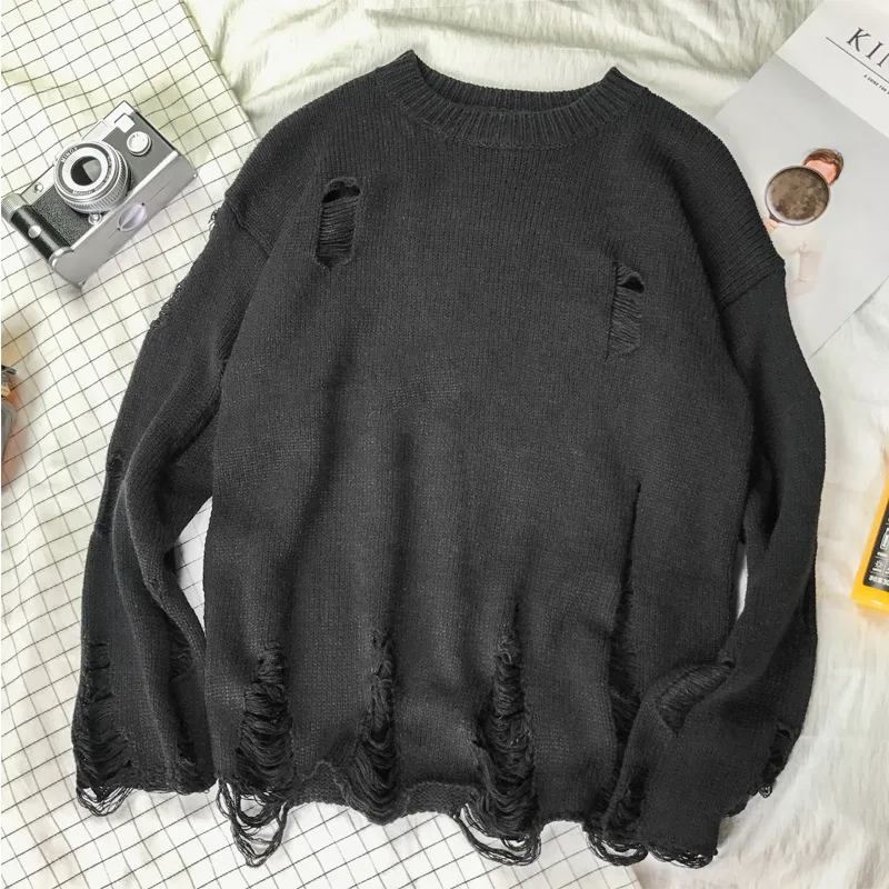 Korea Ulzzang Harajuku Style Couple Wear Stripe Hollow Hole Sweater Men's Women's Fashion Retro Casual Loose Pullover Plus Size