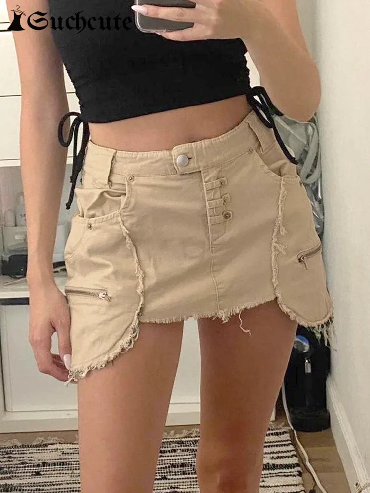 

SUCHCUTE Harajuku Zipper Cargo Mini Skirts Women High Waist Button Up Denim Skirt Y2K Fashion Irregular Streetwear Slim Clothes